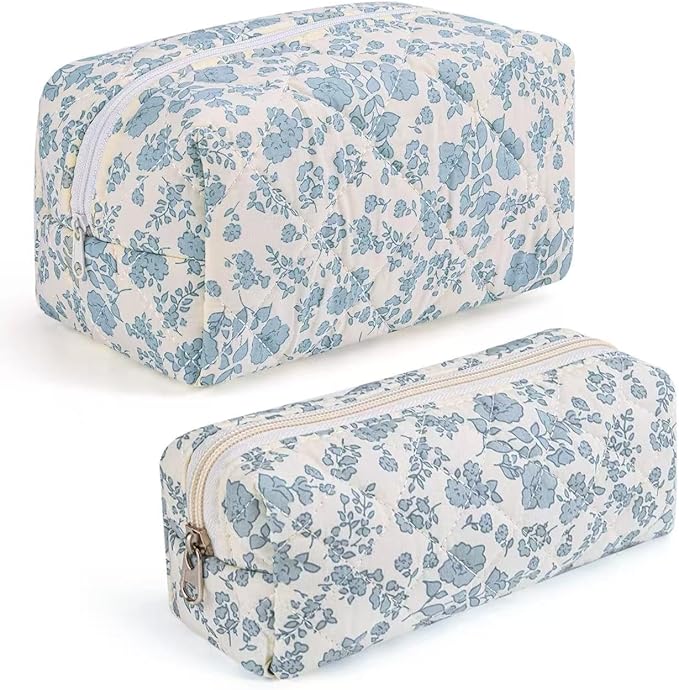 MZLUWM 2 Pcs Makeup Bag Travel Cosmetic Bag，Cute Floral Quilted Makeup Bag Set for Women Girls，Cotton Travel Toiletry Zipper Make Up Pouch (Blue Floral)