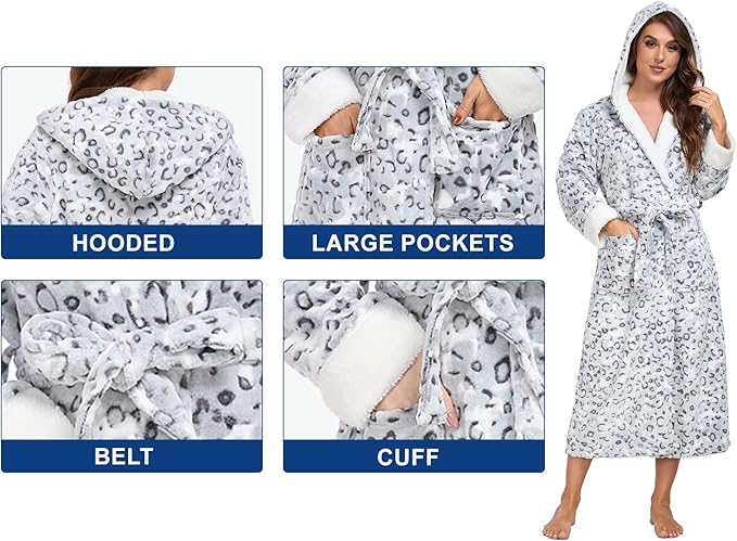 RONGTAI Womens Plush Fleece Hooded Bathrobe, Thick Nightgown Long Robe Sleepwear with Two Side Pockets and Belt