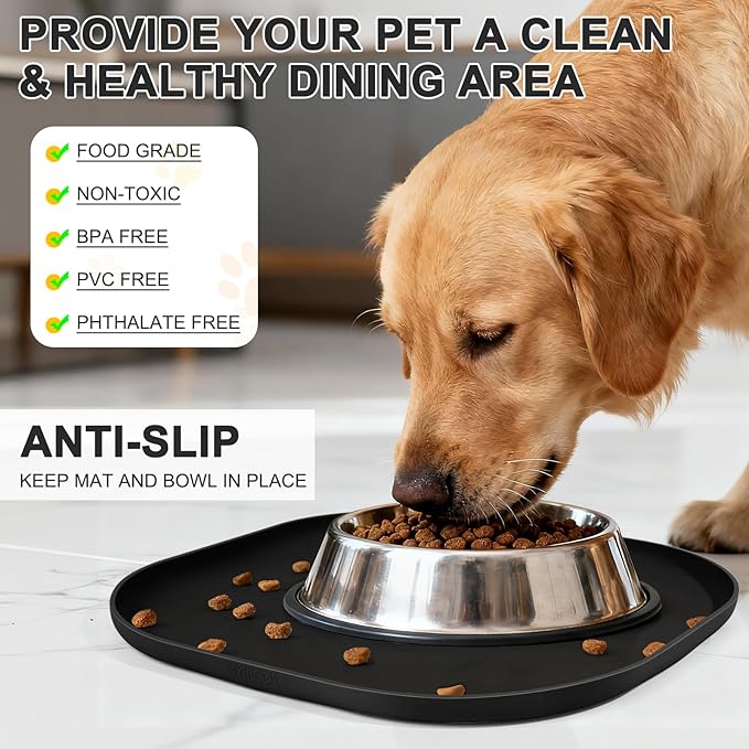 SMILOOL Small Silicone Pet Food Mat with Raised Edge for Food and Water Bowl, Square Dog Feeding Mats, Cat Food Trays for Floor Waterproof, Rubber Tray for Dogs and Cats, 12 x 12 x 0.7 Black