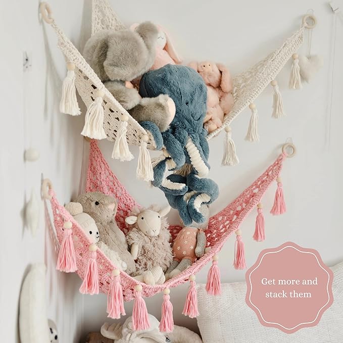 Sasa Baby and Toddler Macrame Toy Hammock for Stuffed Animals - Plushie Toy Hammock for Baby Girl Nursery Decor, Plush Hammock, Stuffy Hammock, Hanging Stuffed Animal Organizer, Sweet Pink