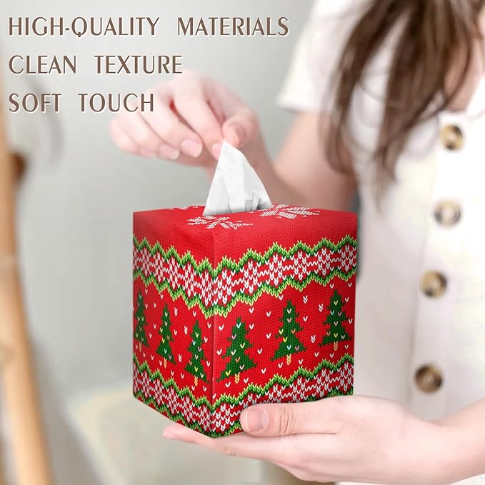 IRADA Tissue Box Cover Square Decorative Tissue Box Holder Cute Funny Cube Tissue Case Cover-Xmas Decor Red Tree Tissue Box Cover