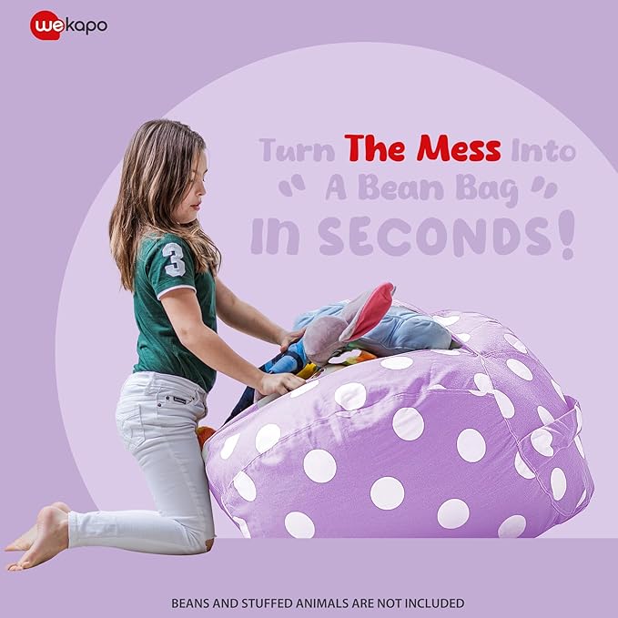 WEKAPO Stuffed Animal Storage Bean Bag Chair Cover for Kids | Stuffable Zipper Beanbag for Organizing Children Plush Toys Large Premium Cotton Canvas (Purple Dot, XX-Large)
