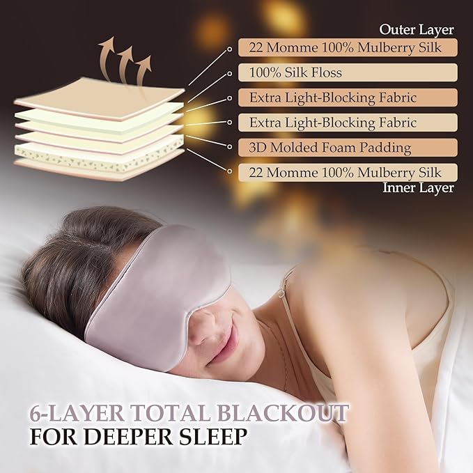 SGMSILK 100% Mulberry Silk Sleep Mask for Unisex, 22 Momme 3D Silk Contoured Eye Mask, Breathable Light Blocking Blindfold with Adjustable Strap, Blackout Eye Cover for Travel, Dusty Purple