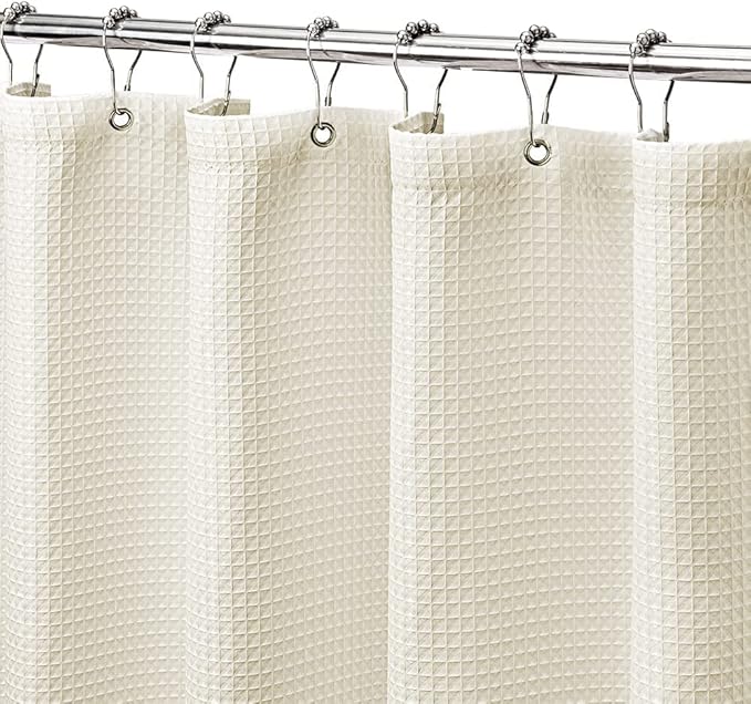 MISS SELECTEX Machine Washable Cloth Shower Curtain, Matt Waffle Durable Thick Cloth Shower Curtain for Bathroom,Premium Water Repellent Fabric Luxury Spa Hotel Shower Curtain(72Wx78H,Ecru/Beige)