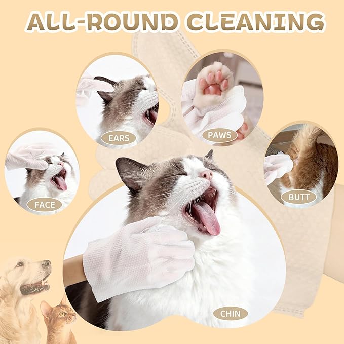 FURVELLO 4 in 1 Pet Glove Wipes for Dogs & Cats, 7 Plant Extracts, Pet Cleaning Wipes Hypoallergenic, Dog Washing Gloves Extra Thick, Lick-Safe, Deodorizing, Rinse Free for Grooming and Travel, 6PCS