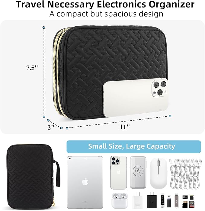 ZFZGFRCS Electronics Organizer Travel Case, Charger Bag Cord Organizer Travel, All-in-One Cable Organizer Bag for Charger, Cords, Phone, Headphones, Flash Drive, SD Card (Black, Large-Double Layer)