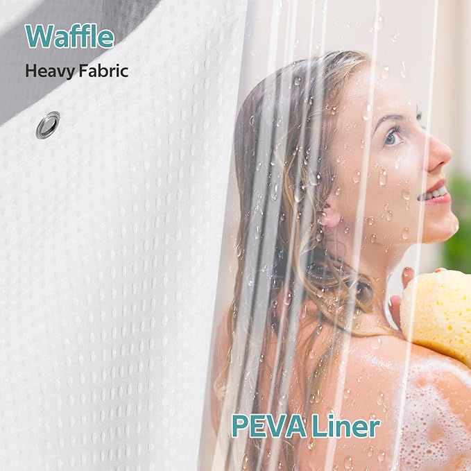 Vipfree 3 in 1 Shower Curtain Set, Waffle Shower Curtain and Liner Set with 6 Double Sided Shower Curtain Hooks, 258GSM Luxury Weighted Cloth Shower Curtains for Bathroom, 36 W x 72 H, White