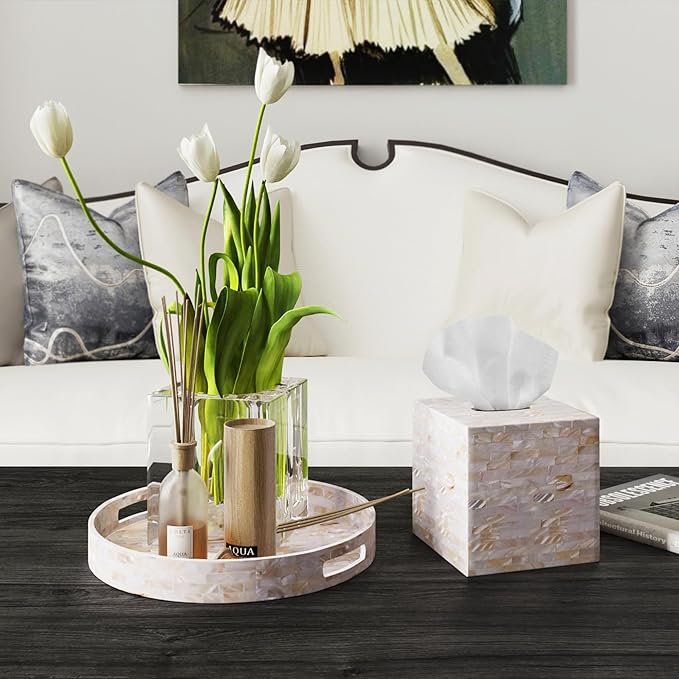 PEMAR 5.9″ Handmade Mother of Pearl Tissue Box Cover – Acacia Wood Cube, 5.35″ Interior Fits 5″ Square Boxes, Sliding Bottom, Lacquer Rustic Farmhouse Decor (Milano)