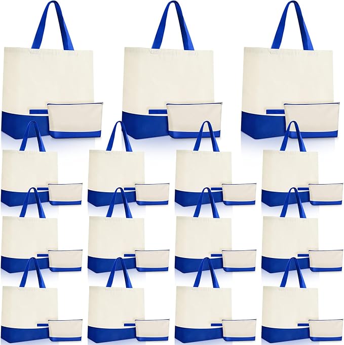 Sanwuta Canvas Tote Bags Bulk with Zipper Cosmetic Pouch 18.5" Reusable Cotton Shopping Bag with Handle for DIY Craft