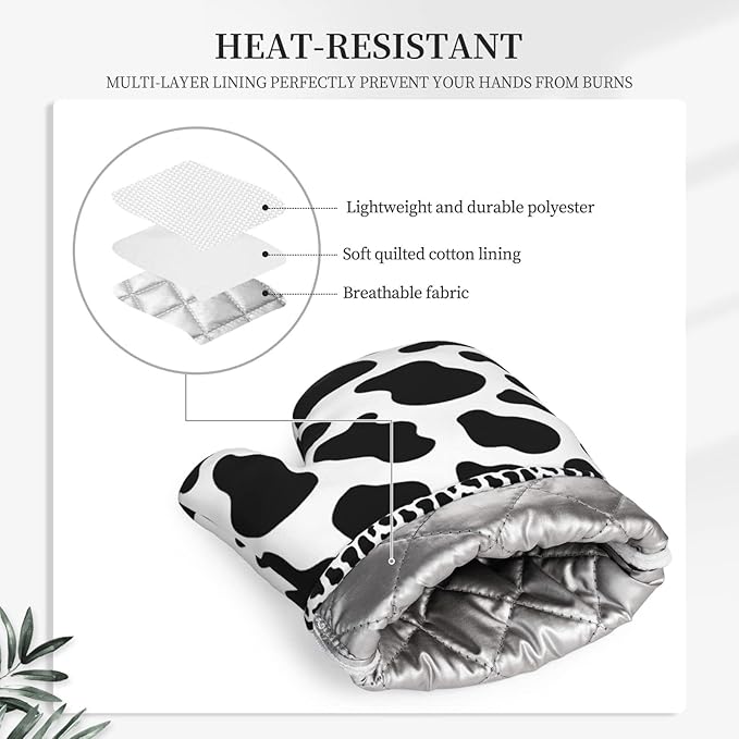 Cow Print Oven Mitts and Pot Holders Sets of 2,Resistant Recycled Infill Silicone Non-Slip BBQ Gloves for Kitchen,Cooking,Baking,Grilling