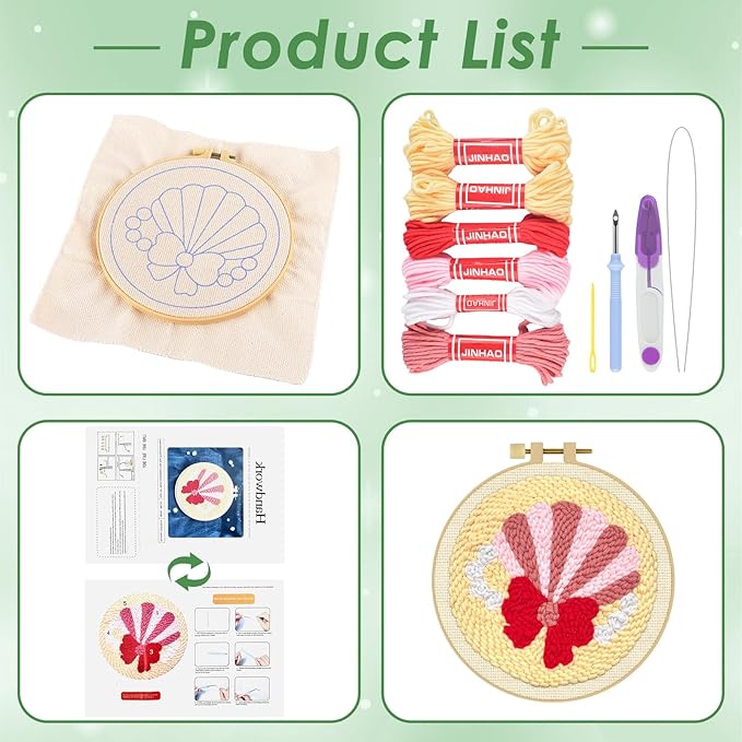ERKOON Punch Needle Kit Adults Beginners, DIY Easy Sea Animals Embroidery Set for Starter Art Craft, Needling Punch Project with Patterns, Tools, Yarns, Hoop, Instruction (Shell)