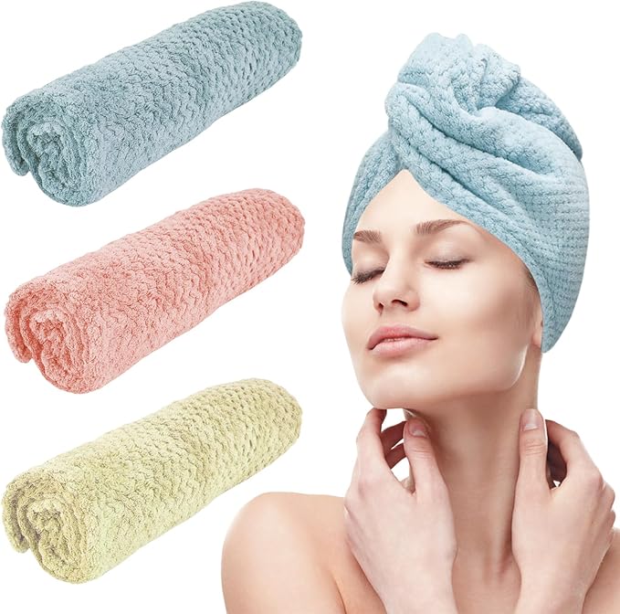 YHPDYL 3 Pack Microfiber Hair Dring Towel Wrap for Women,Fast Drying Hair Turban, for All Hair Style Anti Frizz, Large Hair Towel with Button(Yellow Orange Blue)