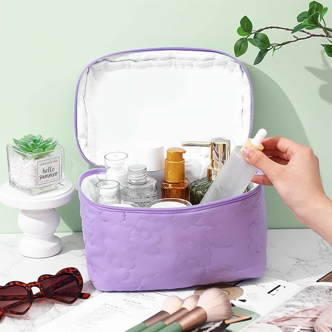 Paterr Makeup Bag Set 3 Pcs Large Quilted Cotton Make up Bags for Women Cosmetic Travel Toiletry Organizer Pouch Cute Aesthetic Storage Purse(Purple,Purple Flower)