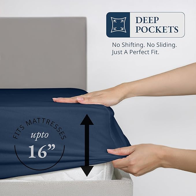 Lane Linen 100% Egyptian Cotton Full Size Fitted Sheet Only (55"x76" + 16") - Elegant Sateen Weave, Ultra Soft, Breathable, Highly Durable, Deep Pockets Upto 17" - Estate Blue