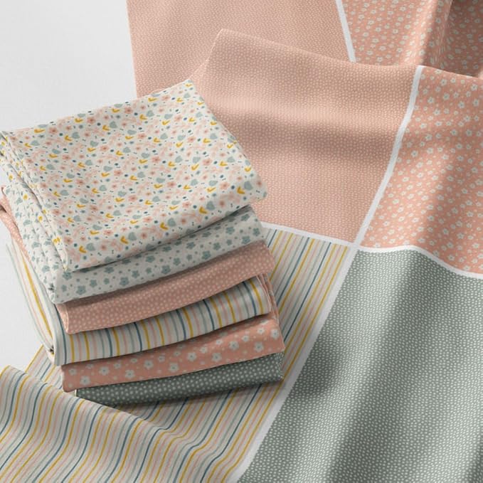 Patchwork Fabric Panel 100x155 cm, 100% Cotton Satin, 6 Coordinated Pastel Floral & Dot Patterns, Soft Peach Green Quilting & Sewing Fabric (Soft Pastels, 6pcs 50x50cm)