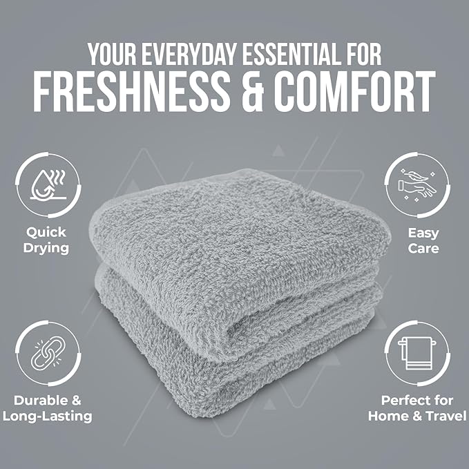 DAN RIVER 12 Pack Wash Cloths for Showering [12x12] - 100% Cotton Washcloths Premium Quality Flannel Face Cloths for Bathroom, Highly Absorbent and Soft Feel Wash Clothes, Silver