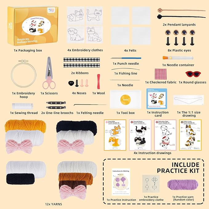 Punch Needle kit-4,Embroidery kit for Beginners,Punch Needle Kits Adults Beginner,Needles, Curved Scissors, a Tool Storage Box, Yarn, Easy-to-Follow Instructions, and Tutorial Videos-(Cat-Dog Duo)