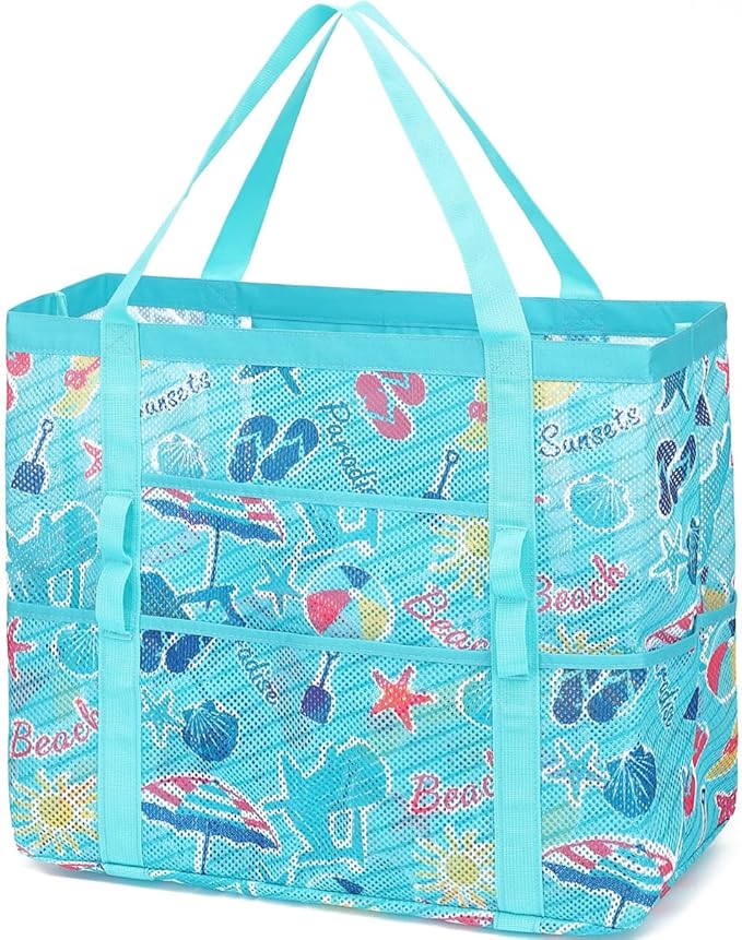 Fammart Mesh Beach Bag, Large Beach Tote with Zipper Pocket for Family Pool Bag for Toys & Vacation Essentials