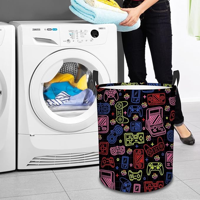 Game Gaming Laundry Basket, 43L Round Oxford Cloth Laundry Hamper, Waterproof Collapsible Storage Organizer Bin with Handles for Toys, Nursery Home Storage, Gift for Chritsmas Thanksgiving 13.8x17.7
