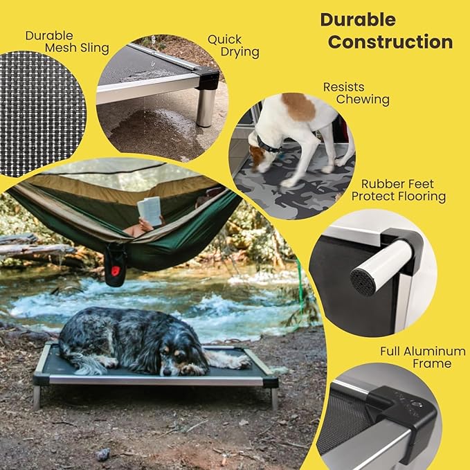 K9 Ballistics Chew Proof Elevated Outdoor Cooling Cot Bed for Large Dogs - Virtually Indestructible, Preassembled, Withstands Aggressive Chewers - L, Black Mesh