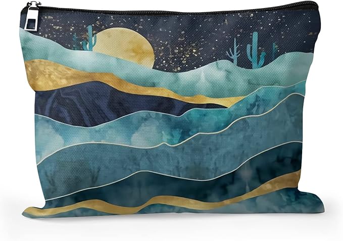 Cafl Mountain Cactus Moon Makeup Bag Travel Large Boho Desert Cactus Cosmetic Bag Essentials Jewelry Skincare Zipper For Women-10×8 inch