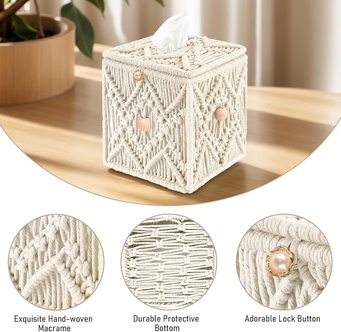 KaloKalo Handmade Tissue Box Cover Decorative Macrame Boho Square Tissue Holder Cotton Rope Woven Napkin Facial Paper Organizer Bohemian Desk Storage Container with Buckle Wood Beads (Ivory)