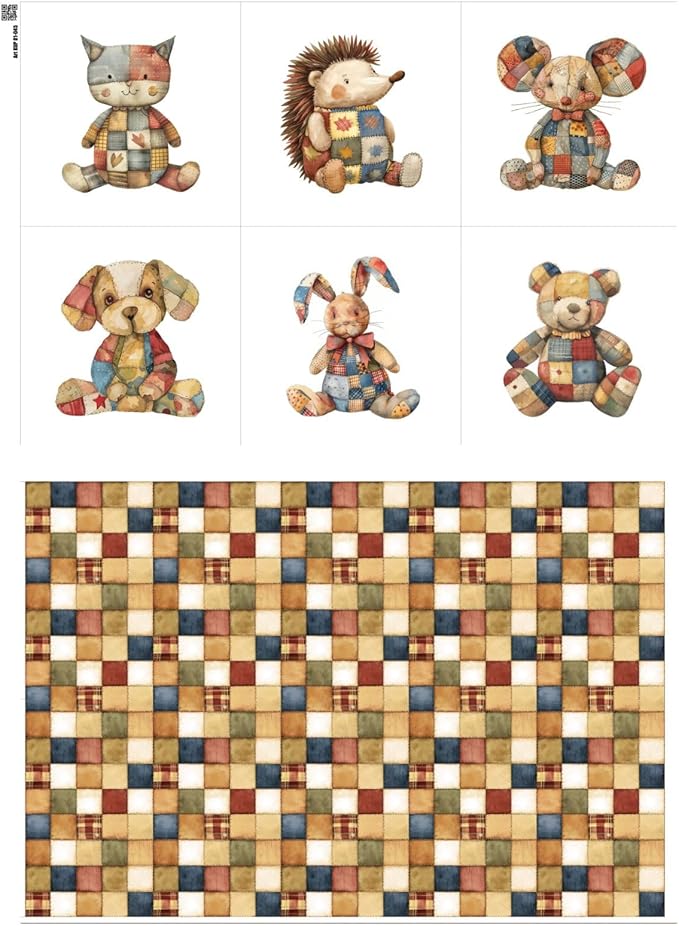 Patchwork Animals Cotton Fabric Panel – 6 Designs (10×10 inch Each) + Bonus Patchwork Sheet 29.5×19.6 inch, 100% Cotton 140 GSM