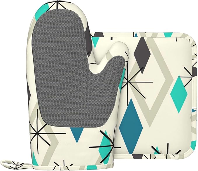 Silicone Oven Mitts and Pot Holders Sets, Home Vintage Mid Century Geometic Heat Resistant BBQ Gloves for Kitchen Baking Cooking Grilling Microwave