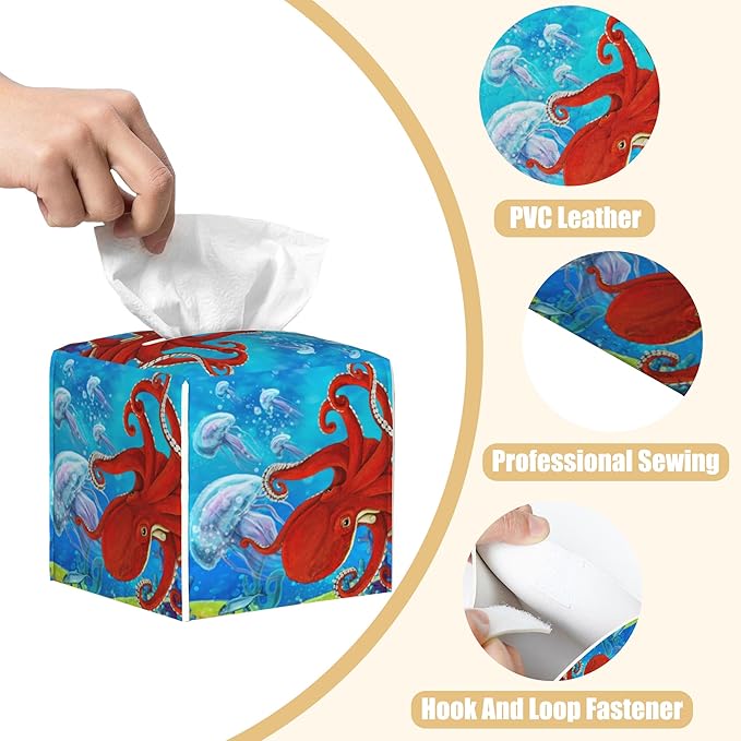 BLYKVGHQ Octopus and Jellyfish Tissue Box Cover Square, Coral Reef Tissue Box Holder with Bottom Belt Leather Facial Paper Organizer Dispenser for Bathroom Bedroom Dresser Night Stand Tabletop