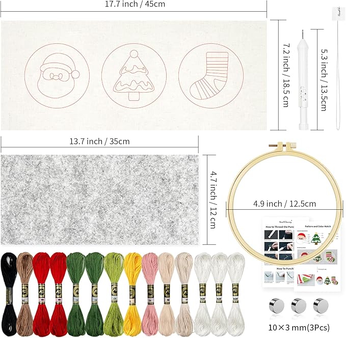 HAND U JOURNEY 3Pcs Embroidery Punch Needle Fridge Magnet Kit (Non-Magnetic), Original Design with 2.2mm Punch Tool, Threads and Hoop (X'Mas)