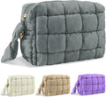 Puffer Quilted Makeup Bag Cosmetic Bags,Puffy Travel Toiletry Pouch for Women,Cute Checkered Zipper Bag Travel Essential,Portable Aesthetic Make up Organizer Bag for Gifts Work Daily(Grey,S)