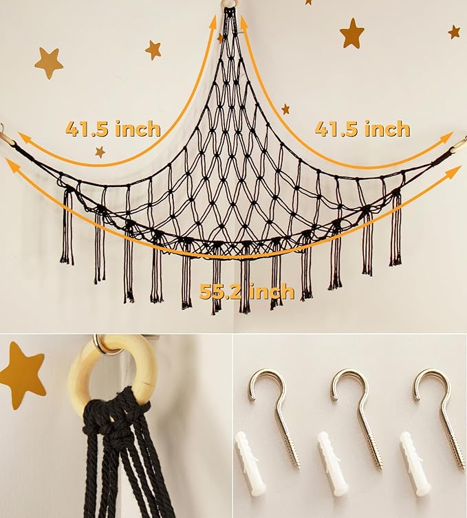 Stuffed Animal Storage Hammock or Net Corner - Large Toy Hammock Net for Stuffed Animals Room Decor - Cute Stuff Animal Organizer Plush Holder - Kids Baby Nursery Essentials Wall Bedroom Home Decor