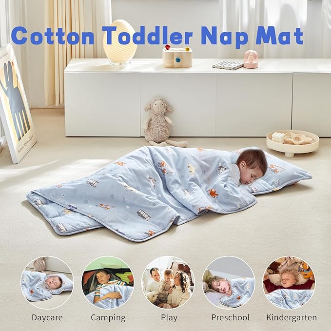 DuShow Cotton Toddler Nap Mat for Boys,Roll Up Slumber Bags Cars Pattern,Toddler Nap Mat with Removable Pillow and Blanket, Kids Sleeping Mat for Daycare,Preschool and Kindergarten-Blue