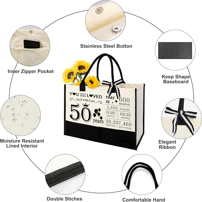 YeohJoy 50th Birthday Gifts for Women 50 and Fabulous Canvas Tote Bag Travel Gear, Unique 50 Years Old Gifts for Wife Sister Mom Aunt Friends Her, Handbag & Cosmetic Bag & 50 Birthday Poster
