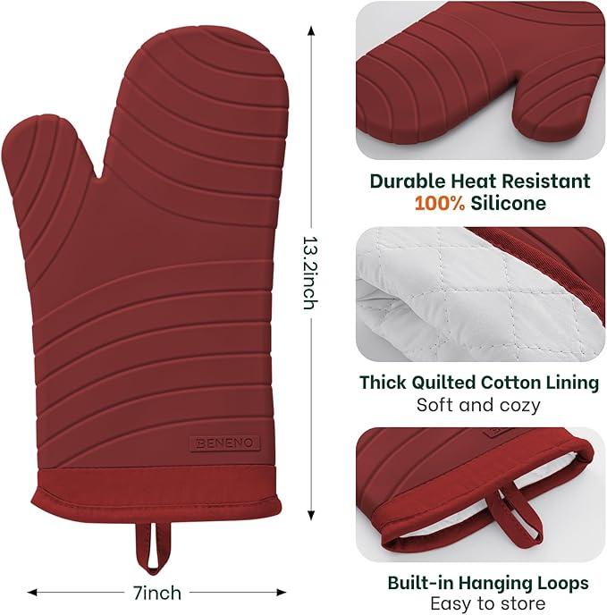 Beneno Heat Resistant Silicone Oven Mitts BPA-Free, Non-Slip Textured Grip & Quilted Cotton Lining, Waterproof Kitchen Mitt 2-Pack Set, 7"x13", Red