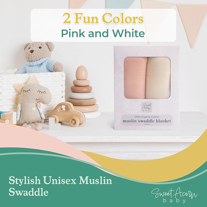Sweet Acorn Muslin Swaddle Blanket – Soft Cotton Muslin Baby Blanket for Newborns, Infants, and Toddlers, All-Season Comfort Baby Essential - Pink, White