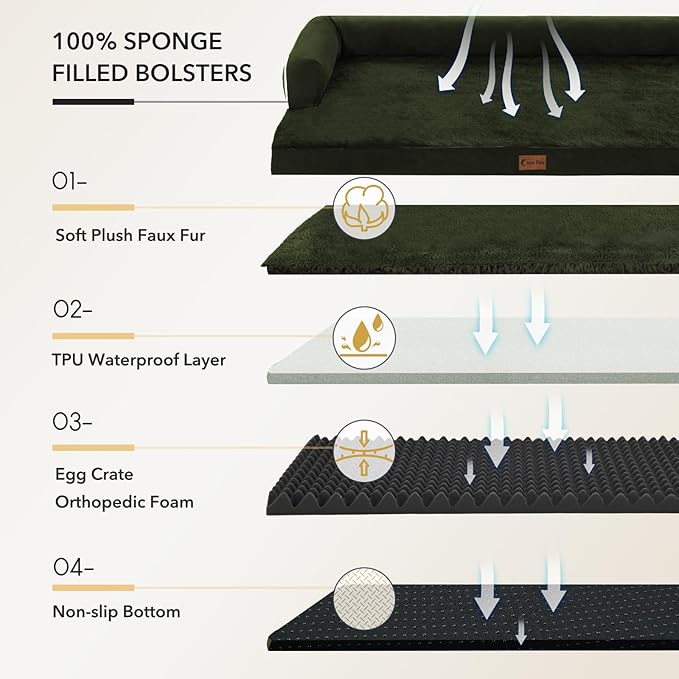 Casa Paw Orthopedic Dog Beds for Extra Large Dogs, Waterproof Egg Crate Foam XL Dog Bed with Sides 45x35Inch, Big Dogs Couch Beds with Removable Washable Cover and Nonskid Bottom, Olive Green