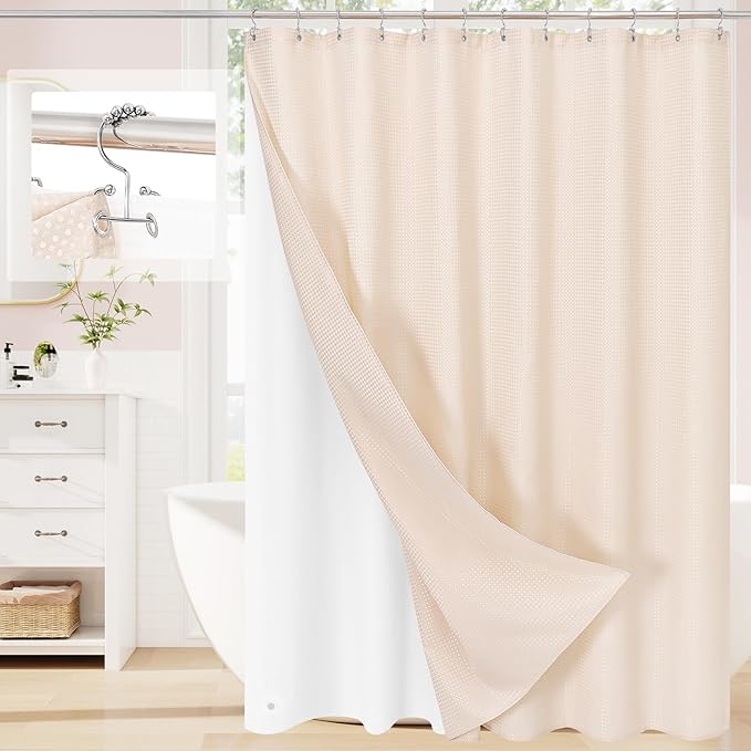 Craidlela 3 in 1 Shower Curtain Set, Blush Pink Waffle Shower Curtain and PEVA Liner Set with 12 Stainless Steel Shower Curtain Hooks, Waterproof Shower Curtains for Bathroom, 72 W x 72 H
