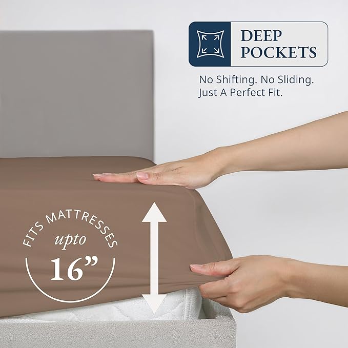 Lane Linen 100% Egyptian Cotton Twin Size Fitted Sheet Only (39"x75" + 15") - Elegant Sateen Weave, Ultra Soft, Breathable, Highly Durable, Deep Pockets Upto 17" - Taupe