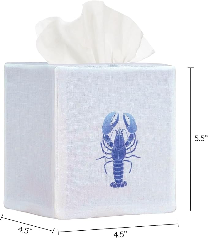 EmbroideryLinen.VN Tissue Box Cover Set of 2, Square Linen Tissue Holder, Printed Animal Pattern, 4.5x4.5x5.5 Inches, Decorative Holder for Bathroom, Living Room, Office (Lobster)