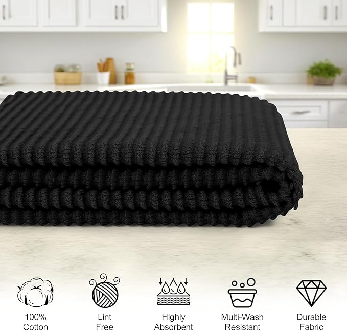 Homaxy Premium Kitchen Towels (18"x 28", 6 Pack), Large 100% Cotton Kitchen Hand Towels, Ultra Absorbent Ribbed Terry Tea Towels Set with Hanging Loop, Black