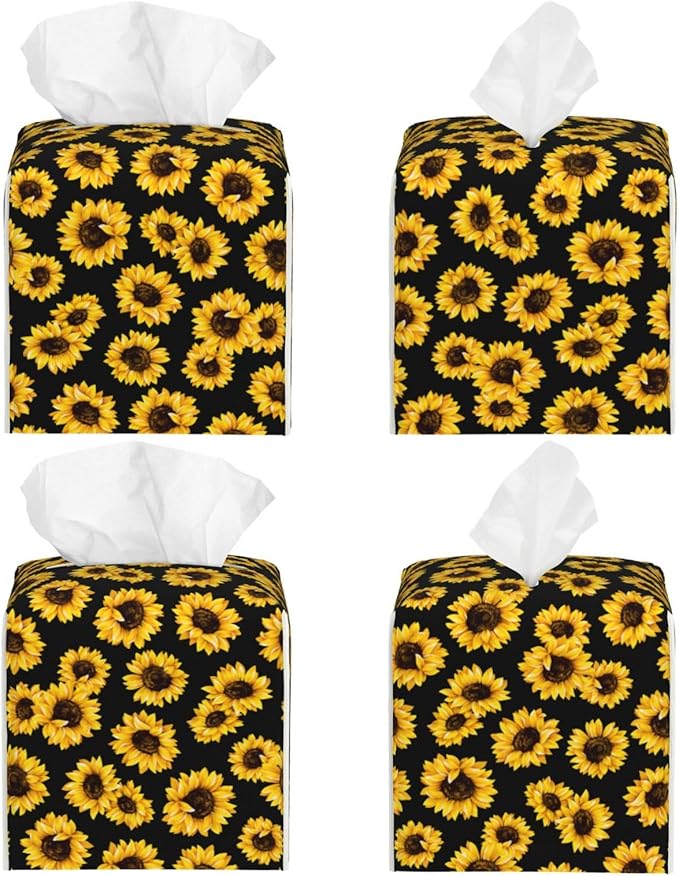 PVC Tissue Box Cover Holder,Sunflower Square Decorative Organizer,5.2"X5.2"X5.2" Tissue Case for Bathroom,Tabletop,Car,Office