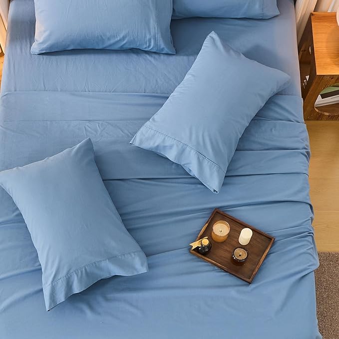 Bedlifes 100% French Flax Linen Sheets Set King Size - 6 Piece Extra Deep Pocket 18-24",Soft Breathable King Bed Sheets with Temperature Regulating & Moisture-Wicking(Flint Blue