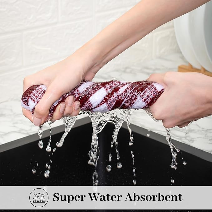Blue Needles Waffle Weave Check Plaid Kitchen Towels, 15x25 Inches 100% Cotton Set of 6 Dish Towels for Kitchen, Soft & Absorbent for Quick Drying with Hanging Loop Spring Summer - Burgundy & White