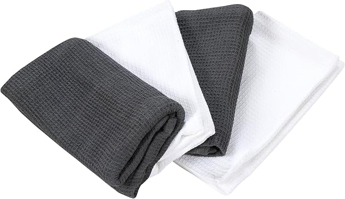 ACCENTHOME 100% Cotton Waffle Weave Kitchen Towel Set of 4 Super Soft Absorbent Tea Towels | Durable Cleaning Dish Cloths Perfect for Mess & Quick Drying Dishes Rags 18x26 inches in White Color