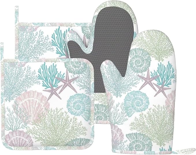 Nautical Coastal Oven Mitts and Pot Holders Set, 4pcs Silicone Starfish Seashell Coral Beach Themed Oven Glove for Kitchen Heat Resistant Oven Mitts and Non-Slip Potholders Pink Green Purple