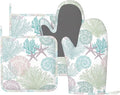 Nautical Coastal Oven Mitts and Pot Holders Set, 4pcs Silicone Starfish Seashell Coral Beach Themed Oven Glove for Kitchen Heat Resistant Oven Mitts and Non-Slip Potholders Pink Green Purple