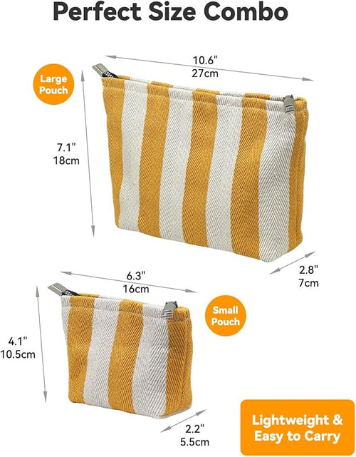 2 Pcs Makeup Bag Set, Women Gifts, Travel Cosmetic Bags, Canvas Make up Bag for Purse, Yellow Striped Makeup Pouch with Zipper Lining, Cosmetic Storage Car Organizer, Portable Large & Small Toiletry