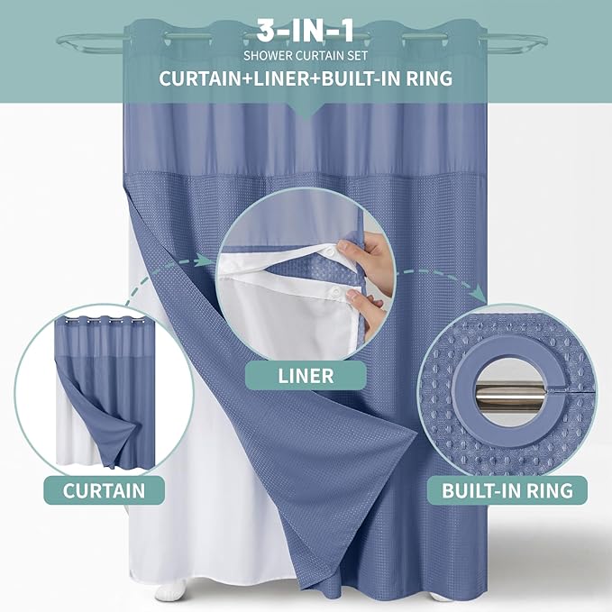 eachope MoonLightBlue Extra Long No Hook Waffle Weave Shower Curtain with snap-in Liner Replacement, 230GSM Waterproof Fabric Hotel Shower Curtain Set for Bathroom, Through Mesh Top Window,71Wx86H