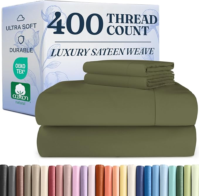400 Thread Count Cotton Sheet Set - King Size 100% Cotton Sheets - Easily Fits 8" to 16" Mattress - Silky-Soft, Wrinkle Free, Breathable & Comfy - Deep Pockets & Hotel Quality Bedding Set - Sage Green